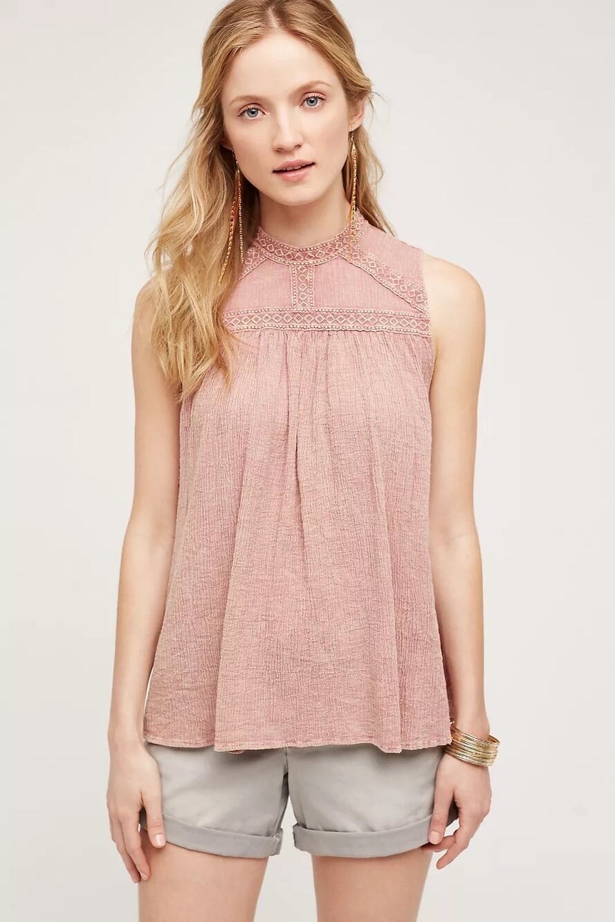 Anthropologie Eri + Ali Sweetbriar Blush Pink Embroidered Tunic Tank Blouse XL